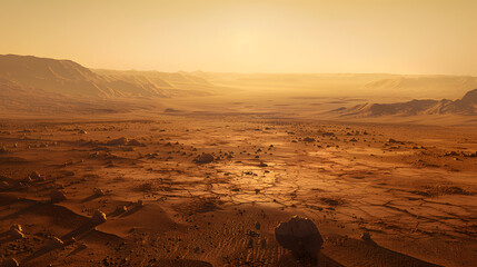 A photo of the Elysium Planitia on Mars, with flat, barren landscapes as the background, during a late afternoon