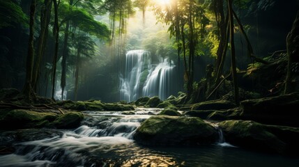 Breathtaking waterfall in a verdant Thai forest with sun rays filtering through trees