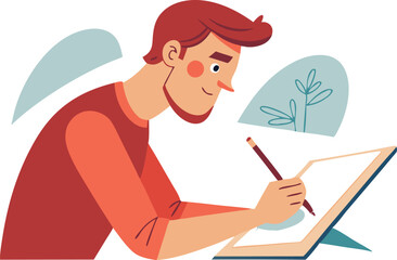 Illustration of a man drawing on a tablet, showcasing focus, creativity, and artistic skills.