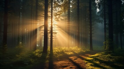 Fototapeta premium Bright sun rays filtering through tall pine trees in a lush forest