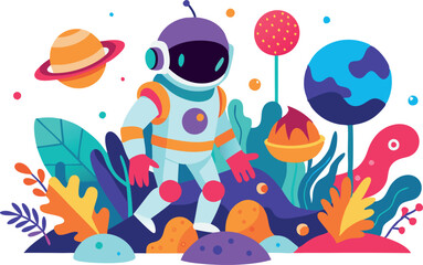 Fototapeta premium Colorful illustration depicting an astronaut exploring a vibrant alien planet, surrounded by whimsical plants and cosmic elements.