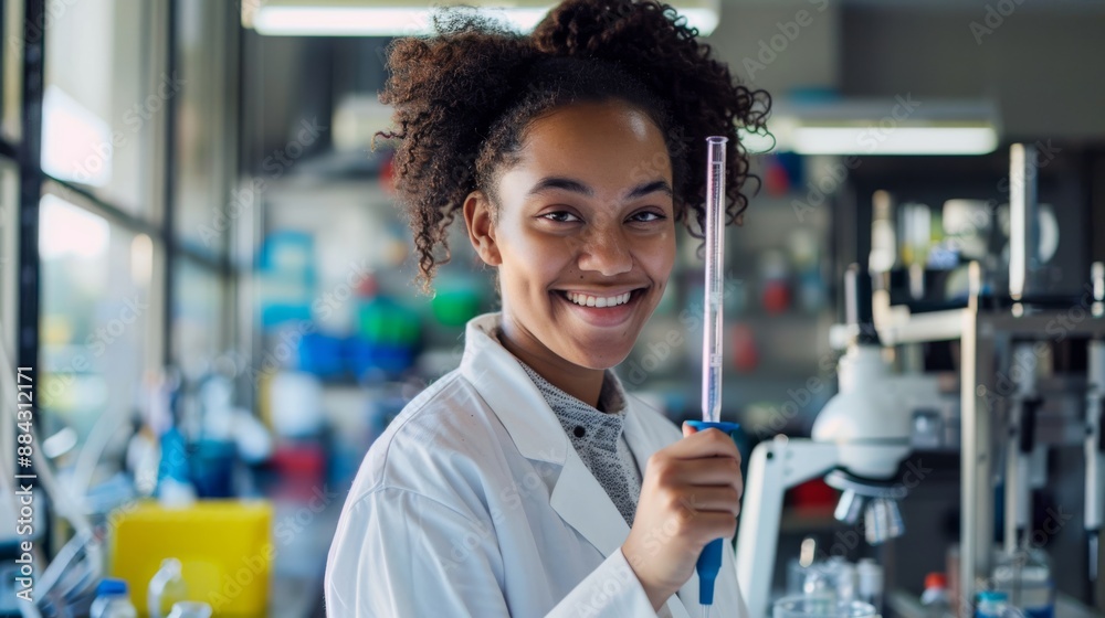 Poster cheerful student holding a large pipette in a brightly lit lab with scientific instruments