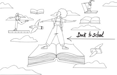illustration rentrée scolaire enfants nuages livre ailes vol texte retour à l'école modifiable diversité vecteur