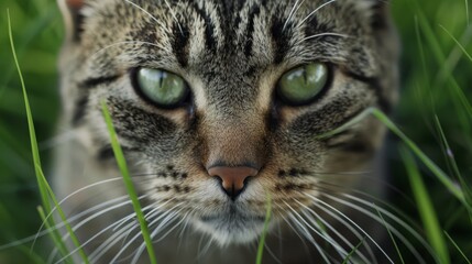 Obraz premium Close-up of a tabby cat's face and whiskers against a green grassy field