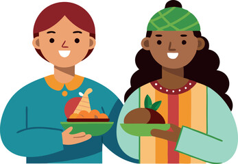 Illustration of two diverse friends celebrating with traditional food dishes, sharing joy and togetherness. Perfect for concepts like friendship, celebration, and cultural diversity.