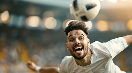 Dramatic Aerial Soccer Player Mid Air Leap Heading Ball Towards Goal in High Stakes Final Match