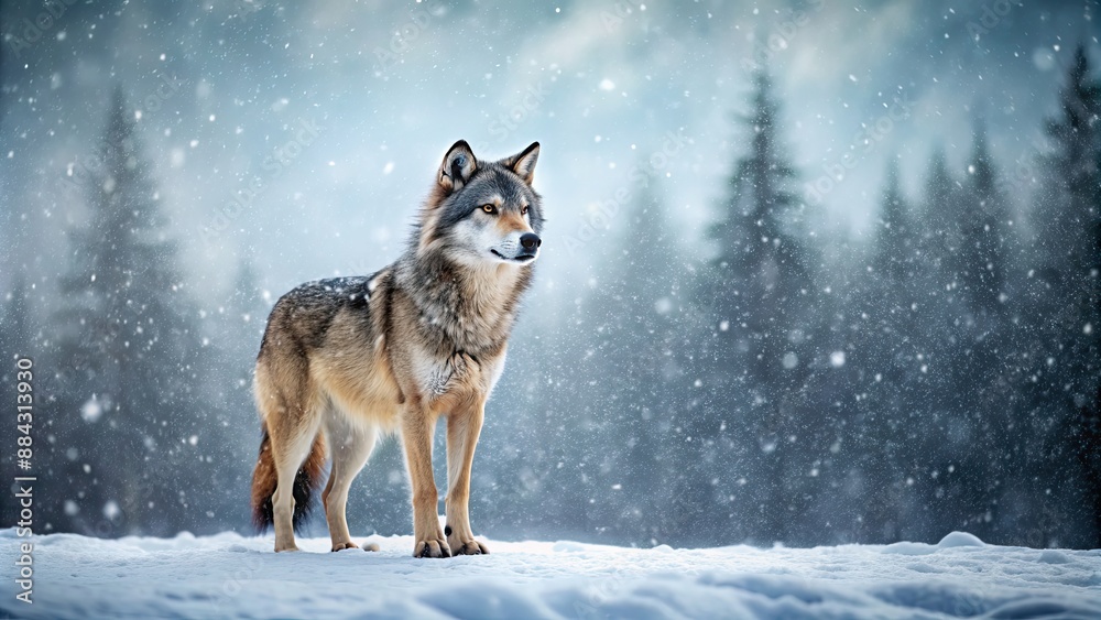 Poster Solitary wolf standing in the quiet of falling snow , wolf, animal, snow, winter, solitude, peaceful, wildlife, nature