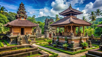 Ancient Balinese temple surrounded by lush greenery and traditional architecture, Besakih temple, Bali, Indonesia