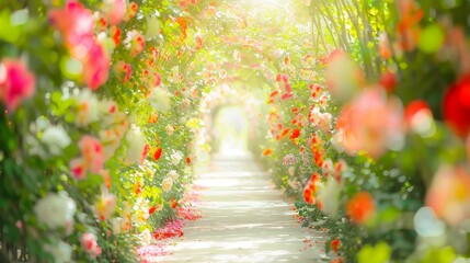 Abstract blurred flower tunnel in a garden with a pathway through, featuring vibrant floral colors and a dreamy, tranquil atmosphere. Ideal for nature, garden, outdoor design projects