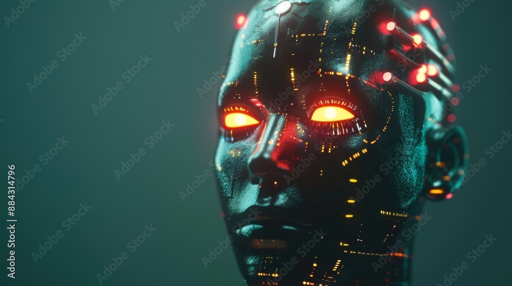 Poster cybernetic humanoid head with bright ai indicators