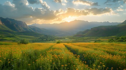 A vast field of yellow wildflowers in full bloom stretches out beneath a bright sunset, while a range of mountains rises in the distance