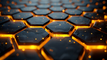 Obraz premium Elegant and Intricate 3D Geometric Hexagonal Metal Backdrop with a Radiant Golden Lighting Grid A Premium Retrofuturistic Industrial Aesthetic in a Sleek Modern Digital