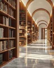 Rows of library books, bright and well-lit, wooden shelves, side view, organized and academic feel