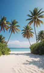 Fototapeta premium Palm tree on tropical beach with blue sky and white clouds abstract background. Copy space of summer vacation and business travel concept. Vintage tone filter effect color style.