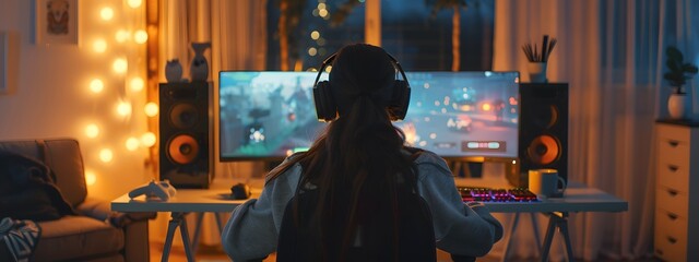 A female gamer sitting at her desk with two monitors, playing video games, back view, wearing headphones, computer on the table, desk in an apartment setting, ambient lighting, night time