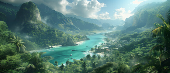 the bridge is under the waterfall with an ocean view, in the style of speedpainting, enigmatic tropics, far cry