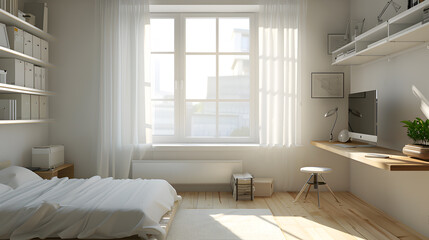 A bedroom with a white bed, a desk, and a window