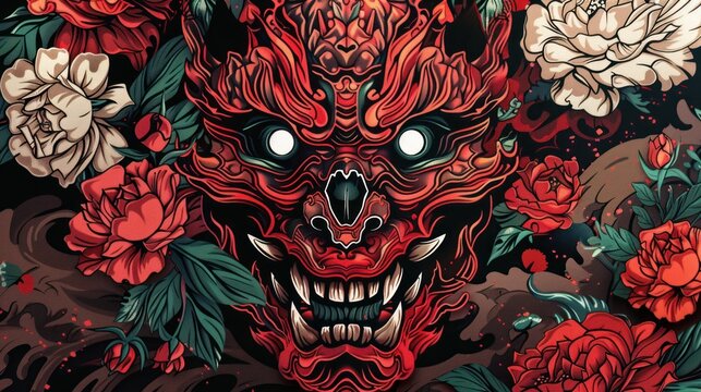 Japanese oni devil mask art with floral ornaments background wallpaper AI generated image