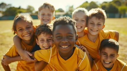 Happy children making sport. Group of happy boys making sports huddle. Kids smiling at the camera on an outdoor field.