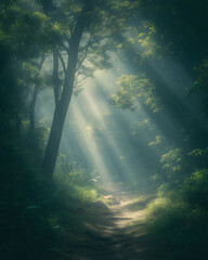 Obraz premium sunlight streaming through misty forest, creating an ethereal atmosphere with soft green foliage and shadowy path