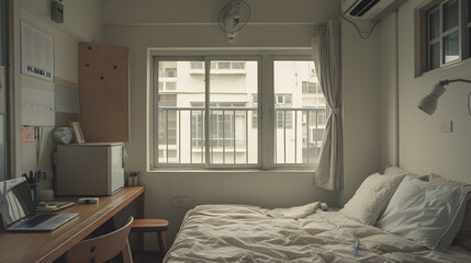 A bedroom with a desk and a bed