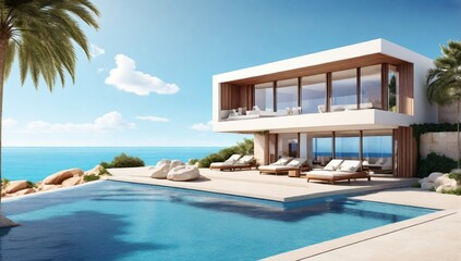Fototapeta premium Luxury beach house with sea view swimming pool and terrace in modern design. 3d illustration of contemporary holiday villa exterior. 