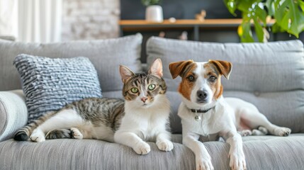 Fototapeta na wymiar Playful dog and cat pair in front of a welcoming sofa in a modern home