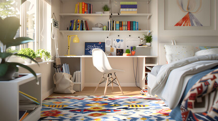 A bedroom with a desk and chair, a white chair with a lamp on it
