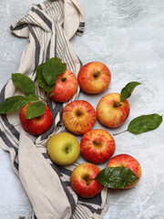 Beautiful green and red apples top view photo. Juicy organic fruit on light grey textured background with space for text. Healthy eating concept. 