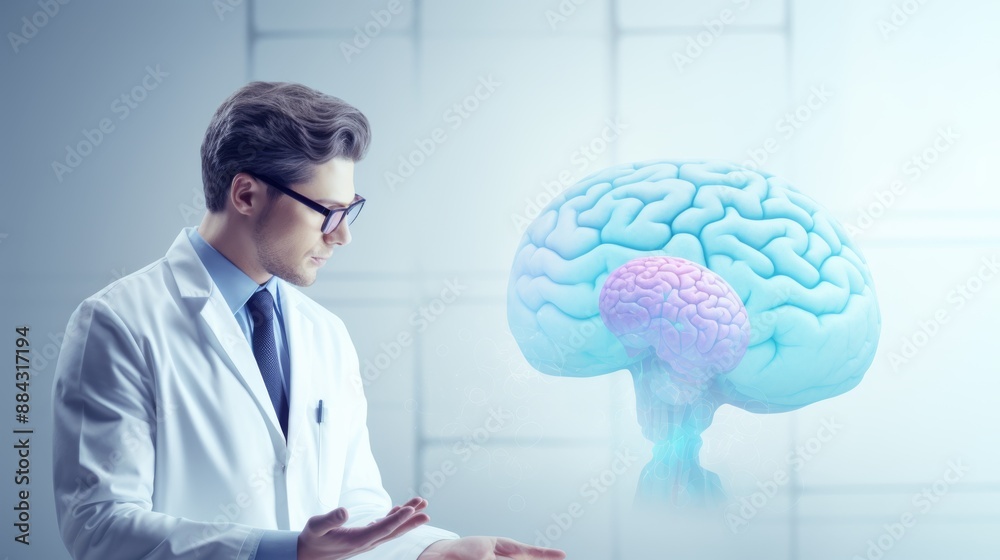 Poster researcher with glasses and lab coat focused on brain model in scientific lab copy space clean backg