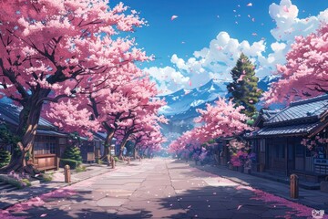Anime School Background with Cherry Blossom Trees in Pastel Cartoon Style - High Resolution, Detail, and Quality