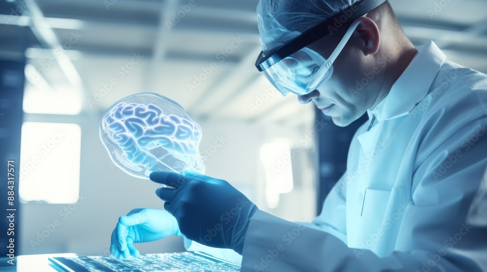 Poster Scientist in glasses and gloves working with brain scans on digital tablet in lab copy space bright and clear