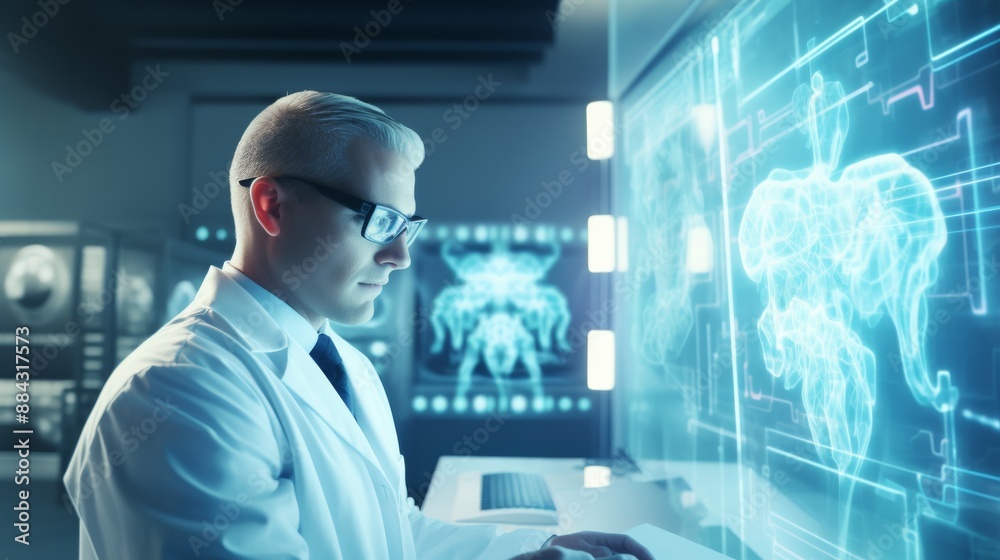 Poster Scientist in lab coat and glasses examining brain scan in research lab with high-tech equipment copy space bright lighting