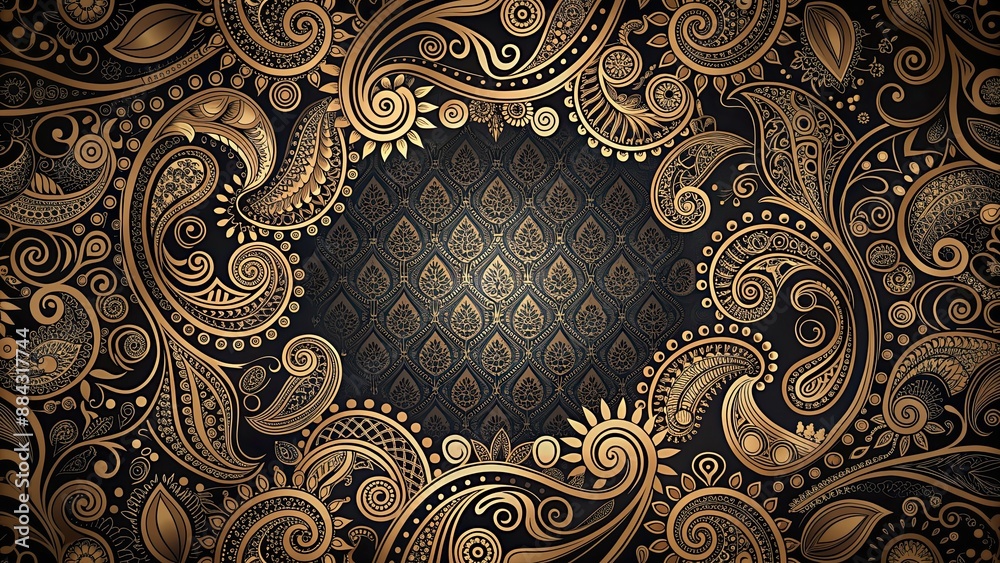 Wall mural Elegant black paisley pattern with intricate swirls and floral motifs in a monochrome palette, paisley, elegant, black