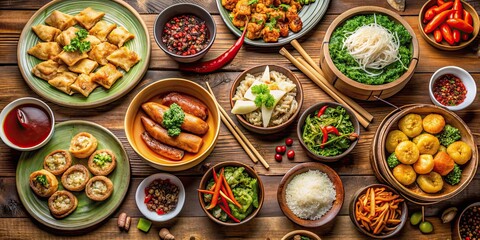 Fototapeta premium Vibrant of a Chinese food feast, chinese, food, cuisine, chopsticks, noodles, stir fry, dumplings, rice, flavor