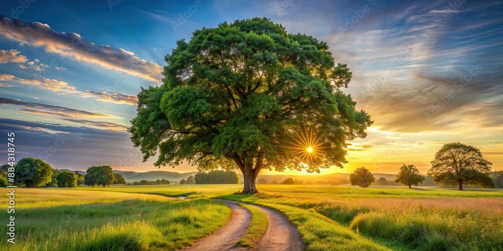 Canvas Prints Sycamore tree standing in a summer field at sunset, surrounded by a footpath and other trees in a park, Sycamore tree, summer