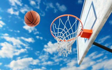 A basketball in mid-air near a hoop against a clear blue sky, capturing the essence of outdoor sports and active lifestyle.
