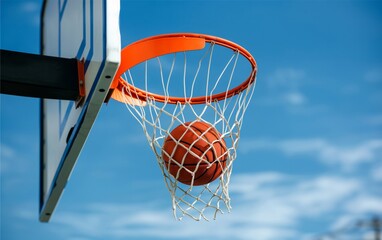 A basketball in mid-air near a hoop against a clear blue sky, capturing the essence of outdoor sports and active lifestyle.