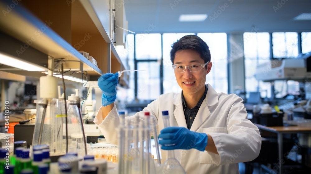 Poster student with a large pipette in hand, smiling in a brightly lit and organized lab