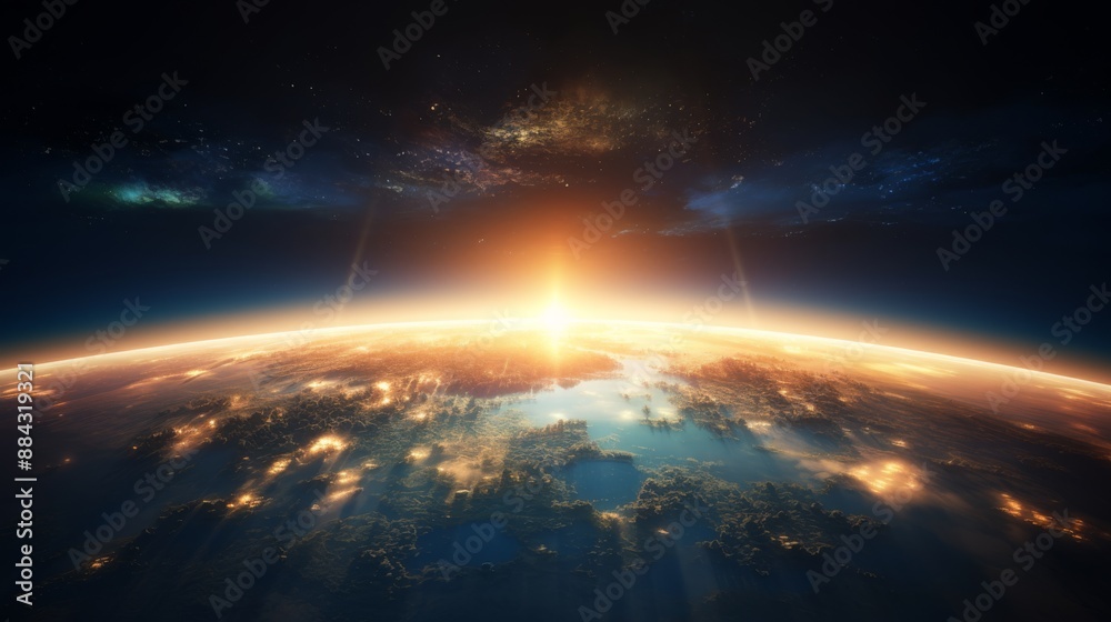 Poster sunlight illuminating the earth's horizon with a glowing effect