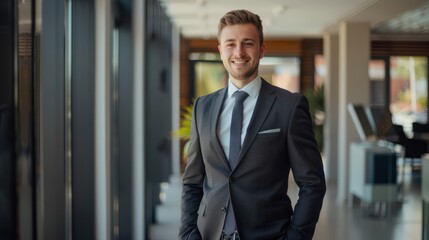 A young businessman wearing a sophisticated suit stands confidently in a modern office space, exuding professionalism and success with a warm, inviting smile.