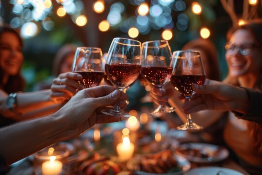 A cheerful outdoor BBQ dinner party with friends toasting red wine glasses. Generative AI
