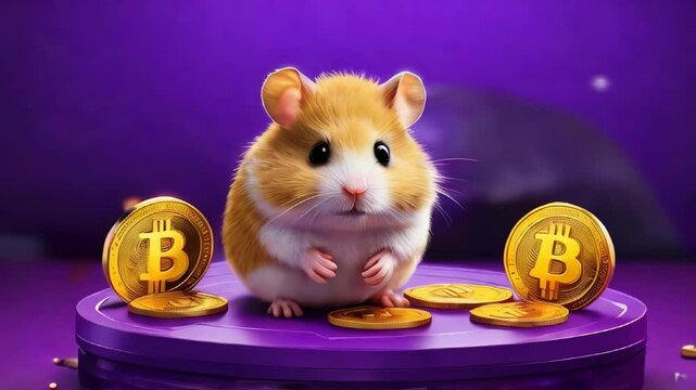 A cartoon hamster on a purple platform with bitcoin coins on a purple background. Hamster kombat game about cryptocurrency mining, the concept of mini-games for making money on cryptocurrency	
