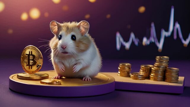 A cartoon hamster on a purple platform with bitcoin coins on a purple background. Hamster kombat game about cryptocurrency mining, the concept of mini-games for making money on cryptocurrency	