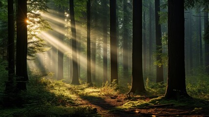 Naklejka premium Sunlight streaming through dense forest trees with mist in the air