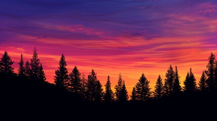 The beauty of a mountain sunset with the sky ablaze in a spectrum of colors and the silhouette of pine trees in the foreground