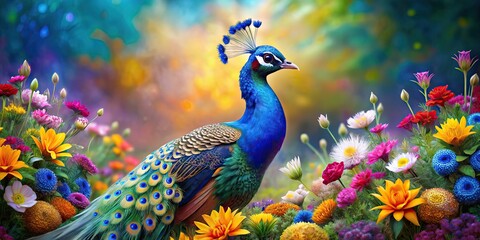 Fototapeta premium Painting of a majestic peacock with a vibrant blue crown surrounded by colorful flowers, peacock, painting, blue, crown