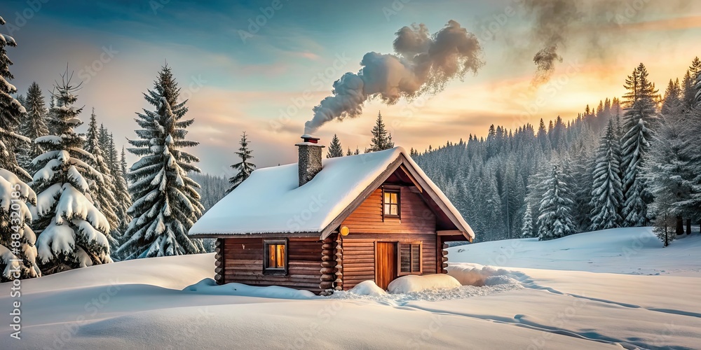 Wall mural Cozy cabin in snow with smoke rising from chimney, cabin, snow, winter, cozy, smoke, chimney, fireplace