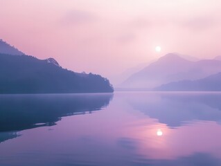 Fototapeta premium dreamy pastel sunrise misty mountain silhouettes ethereal pink and purple gradient sky serene lake reflection minimalist landscape composition