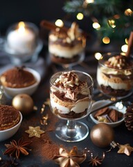 Elegant festive dessert table with tiramisu in glass, candles, and holiday decor, perfect for Christmas celebrations.